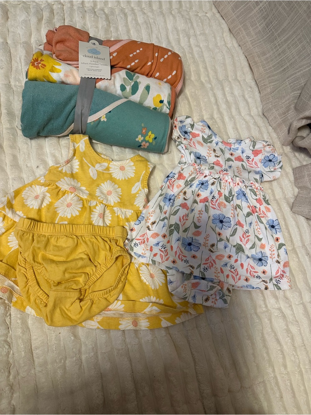 Carters 0-3M Dress & Cloud island Hooded Towel Bundle